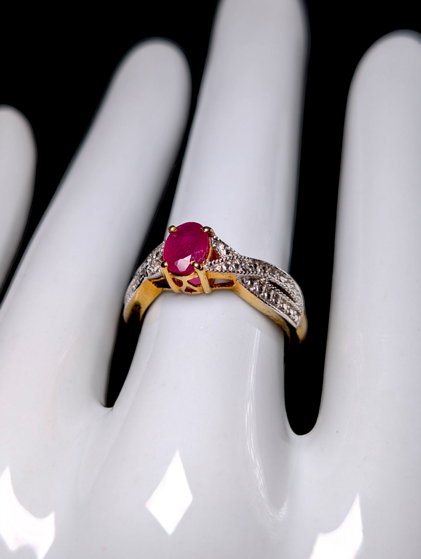 Vintage Oval Cut Earth Mined Genuine Ruby Solitaire Diamond Accent Cross Over 18k Yellow Gold Vermeil Ring