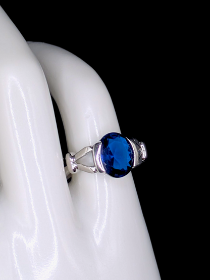 Vintage Inspired Oval Cut Simulated Blue Sapphire Solitaire Silver Toned Ring