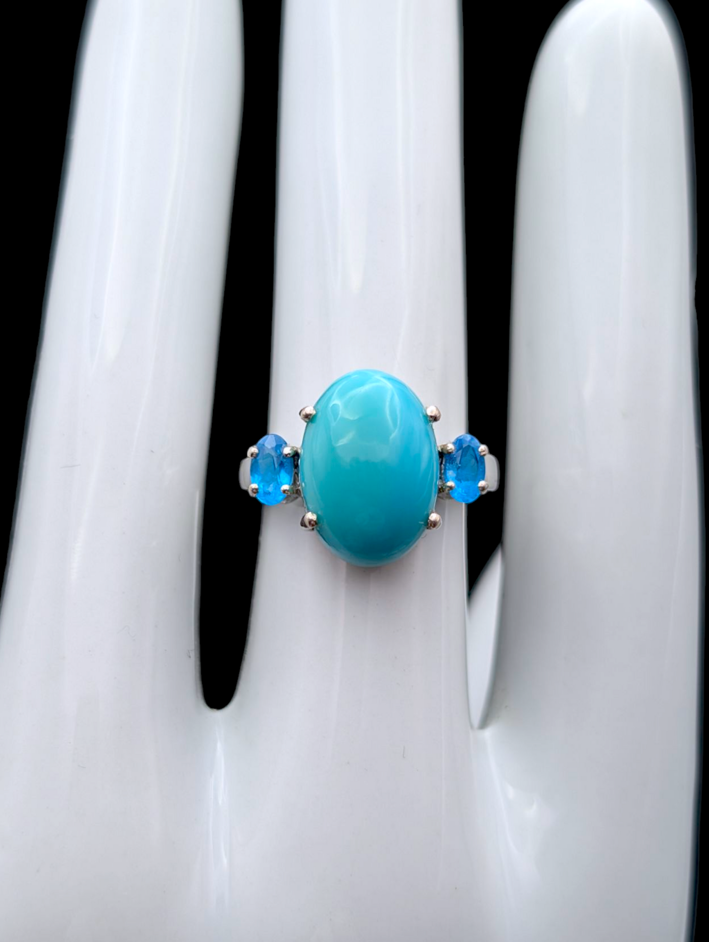Vintage Solitaire Cabochon Genuine Sleeping Beauty Turquoise and Simulated Topaz Sterling Silver Ring