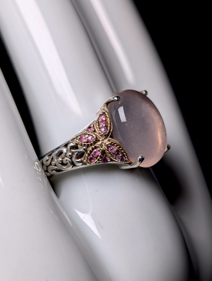 Vintage Designer Effy Y2K Cabochon Cut Genuine Rose Quartz Solitaire and Pink Sapphire 14k Yellow Gold Butterfly and Sterling Silver Ring