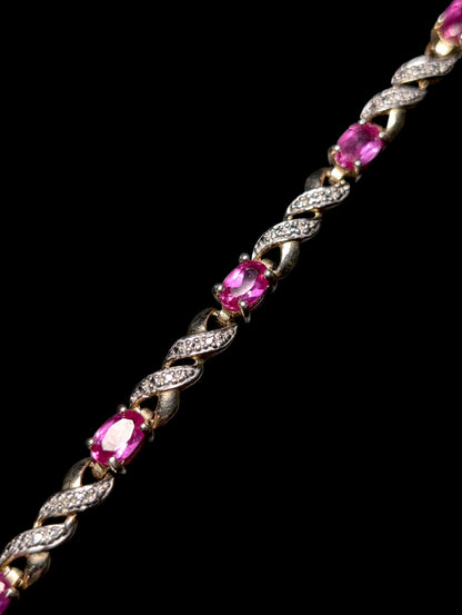 Vintage Oval Cut Genuine Ruby and Diamond Gold over Sterling Tennis Bracelet