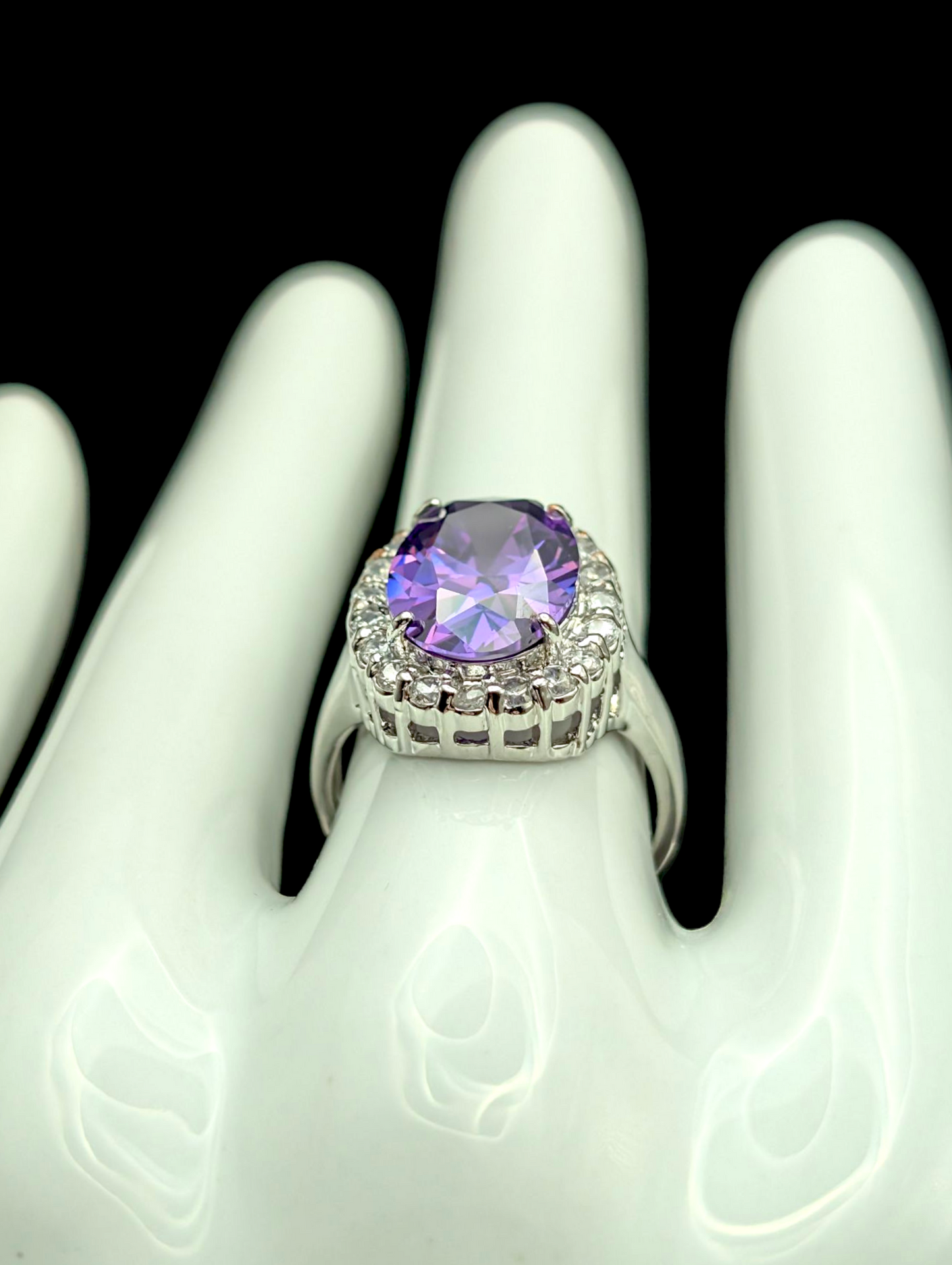 Vintage Large Oval Cut Simulated Grape Amethyst and Simulated Diamond Halo Silver Toned Vacation Cocktail Statement Ring