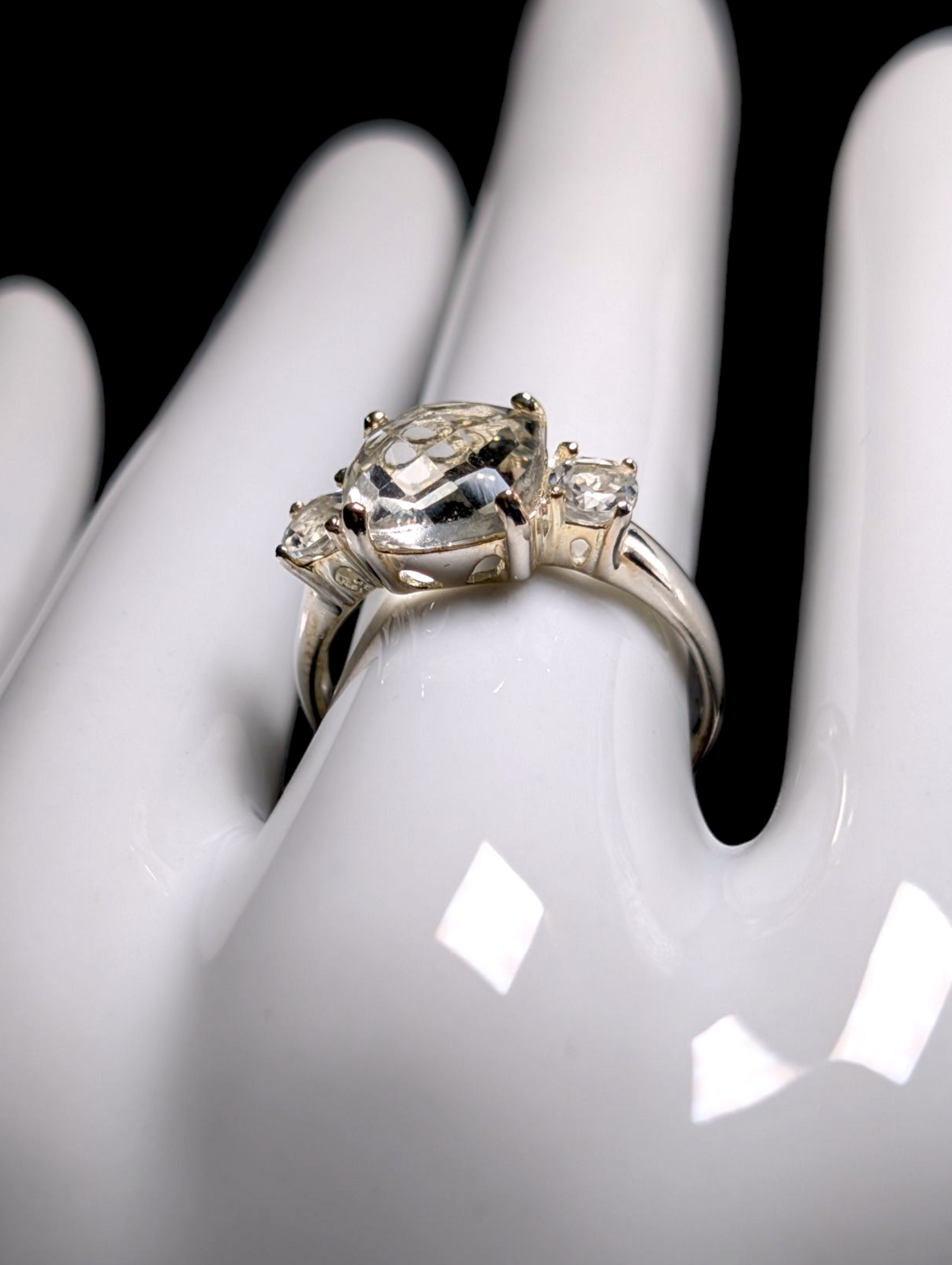 Vintage Cushion Checkerboard Cut Genuine Prasiolite with White Topaz Accent Stones Sterling Silver Ring