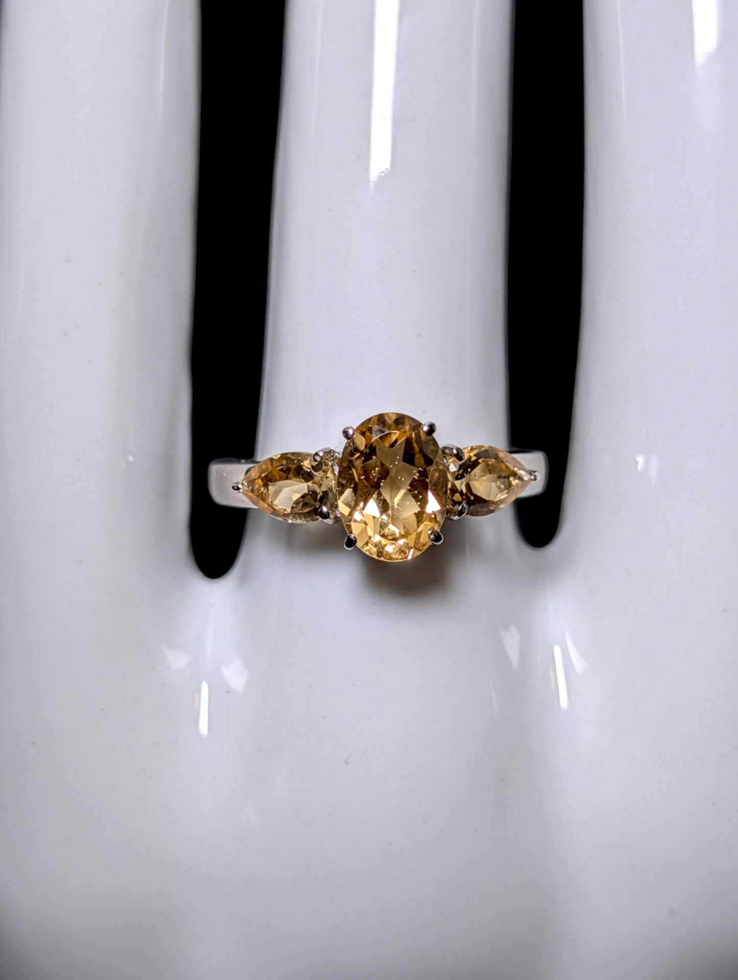 Vintage Three Stone Oval and Pear Cut Genuine Golden Citrine Stainless Steel Silver Ring