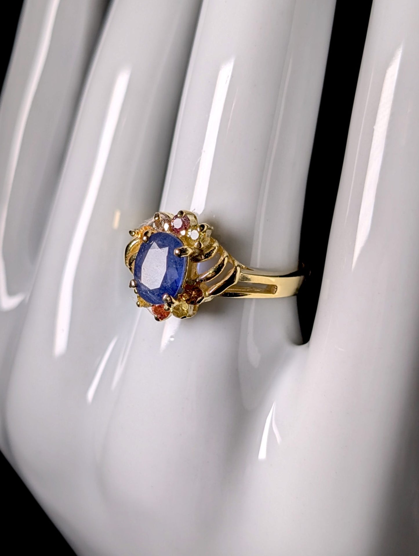 Vintage Genuine Sapphire Solitaire with Fancy Sapphire Accents Gold over Sterling Ring