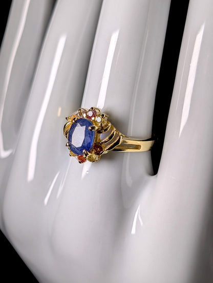 Vintage Genuine Sapphire Solitaire with Fancy Sapphire Accents Gold over Sterling Ring