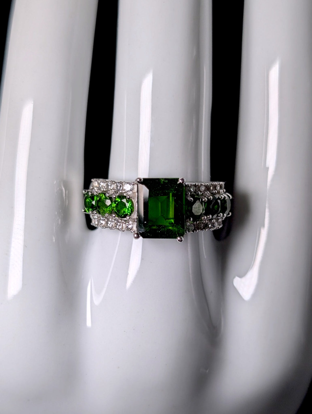 Vintage Emerald Cut Genuine Chrome Diopside Solitaire and White Topaz Sterling Silver Ring