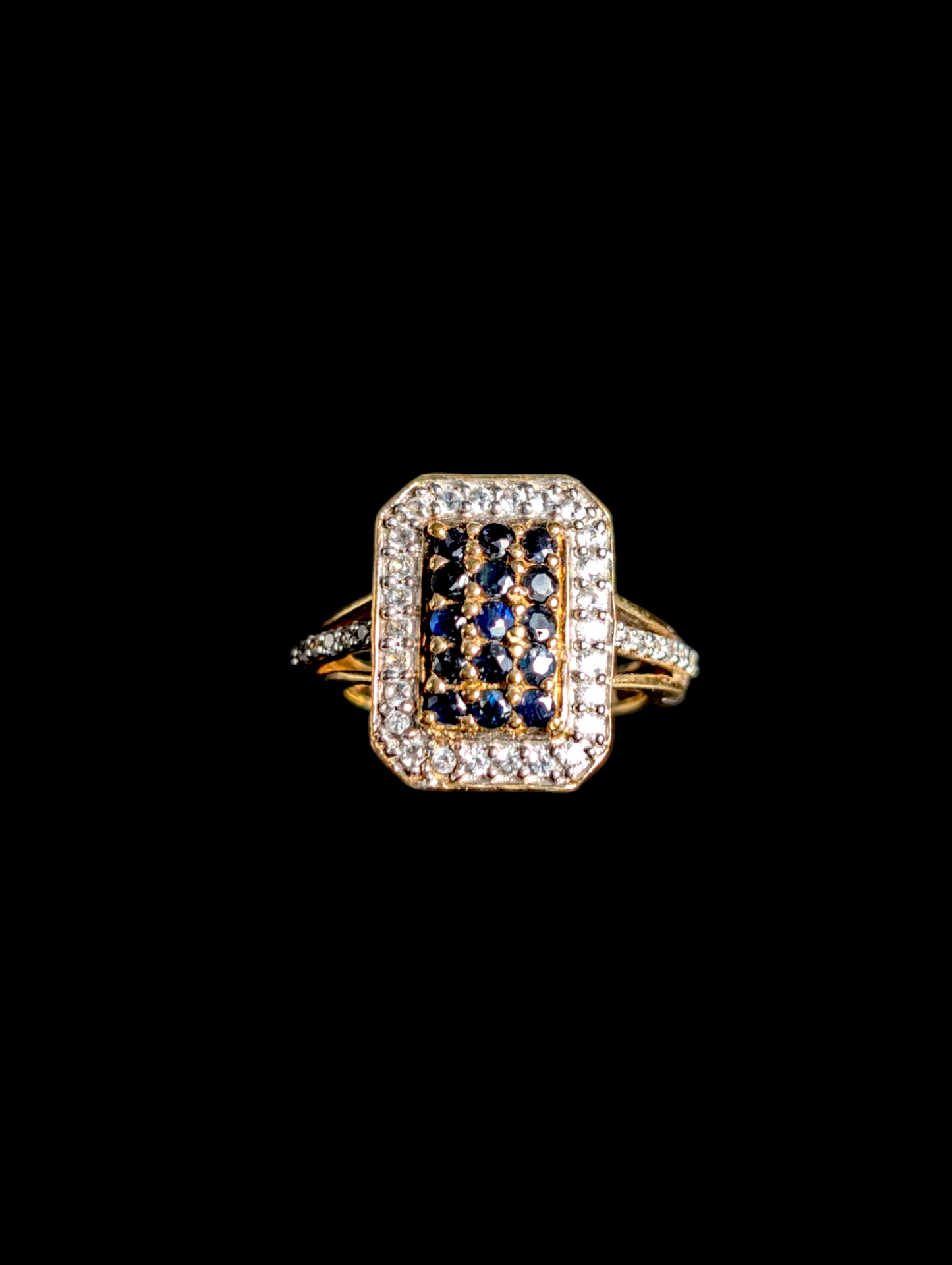 Vintage Elongated Cluster Genuine Royal Blue Sapphire and White Topaz 14k Yellow Gold Vermeil Tri Split Shank Ring