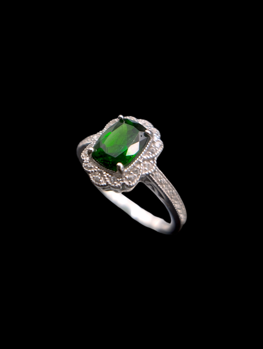 Edwardian Inspired Radiant Cut Green Chrome Diopside and White Topaz Halo Sterling Silver Ring
