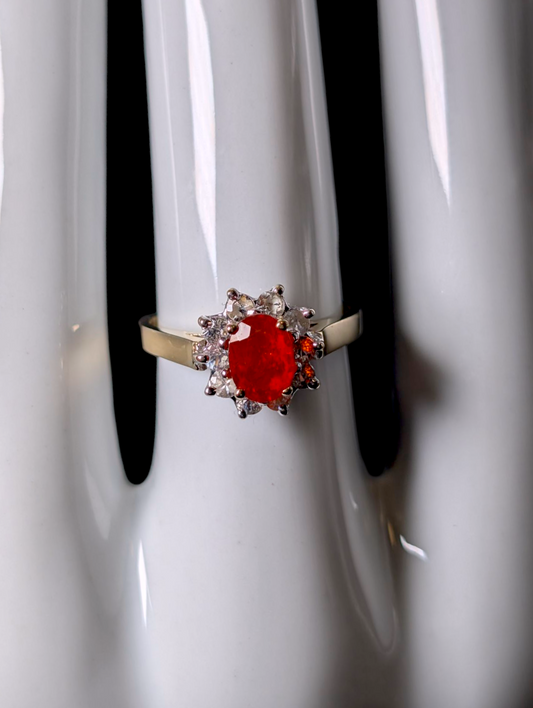 Vintage 14K Gold Genuine Cherry Fire Opal Solitaire and White Topaz Halo Ring
