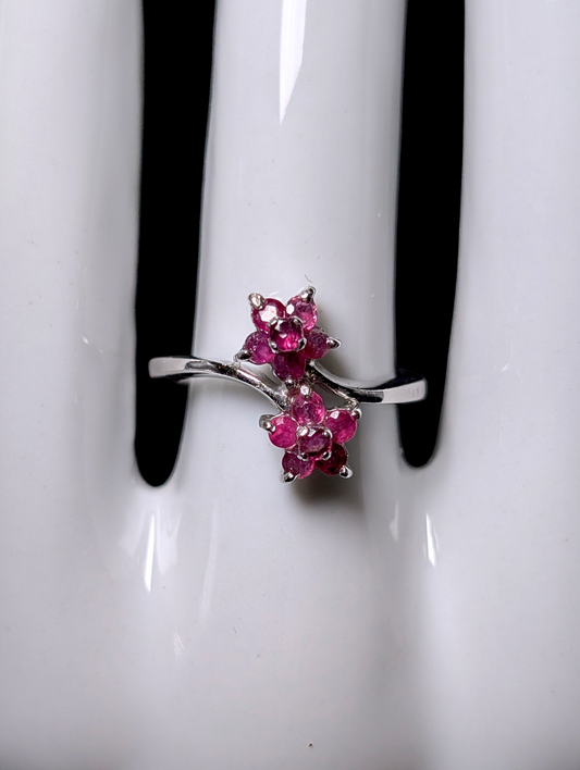 Vintage Dainty Twin Flower Round Cut Earth Mined Genuine Ruby Sterling Silver Ring