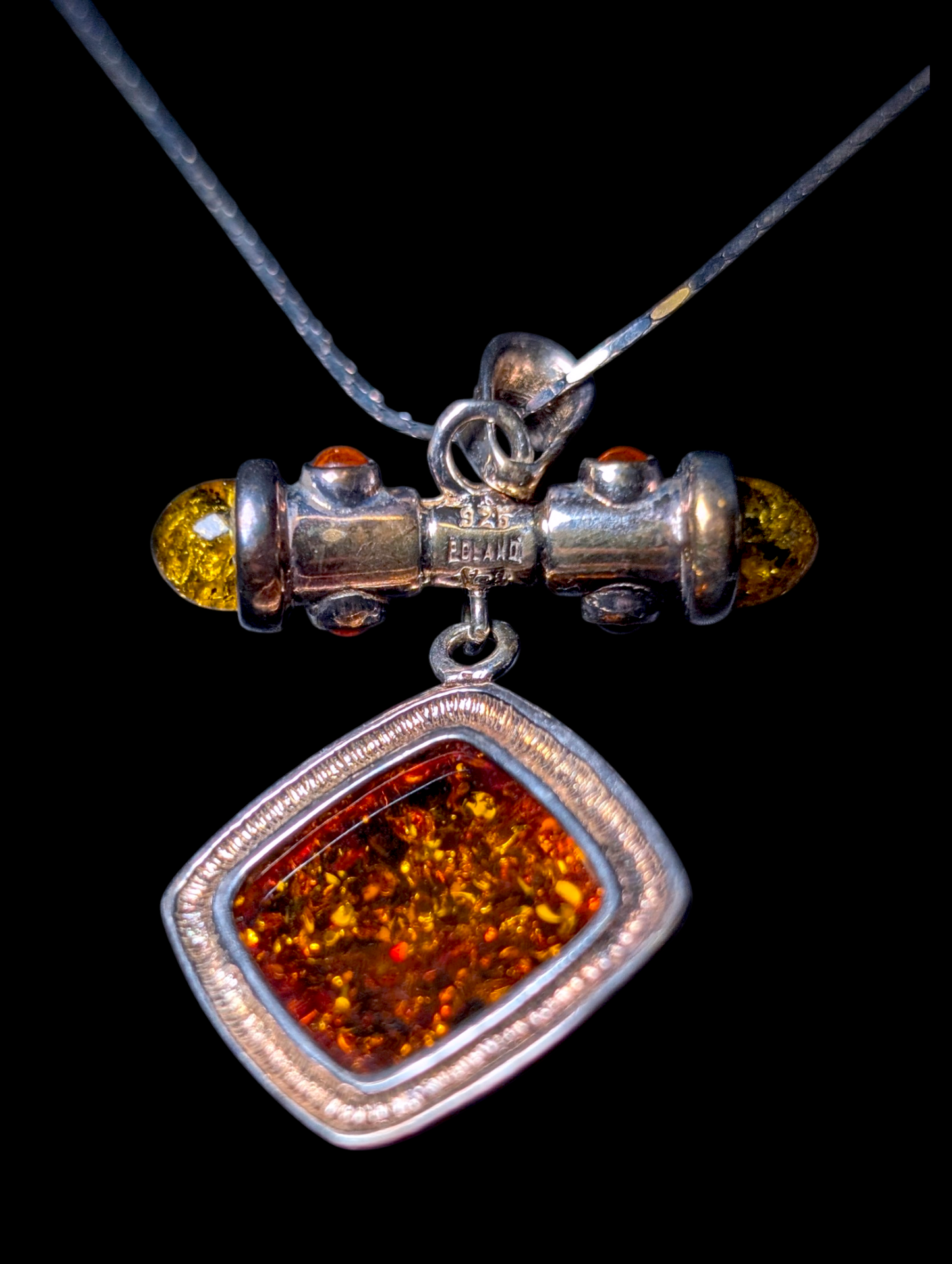 Vintage Artisan Genuine Honey and Baltic Amber Sterling Silver Poland Pendant with Necklace