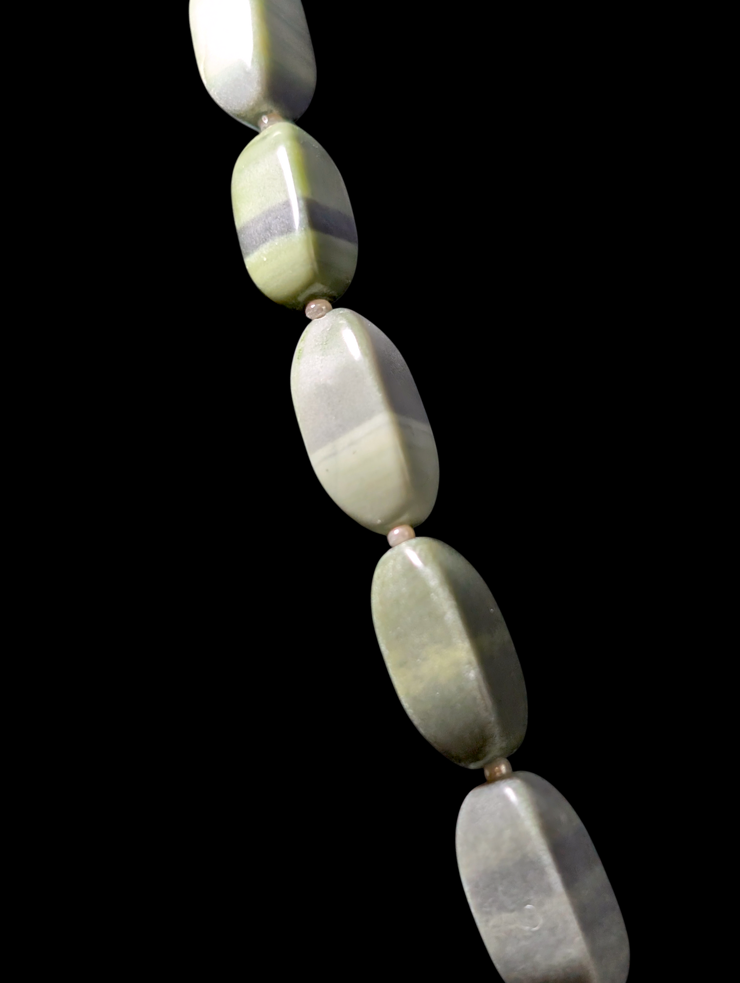 Antique Genuine Green Banded Jasper and Pearl Polished Necklace