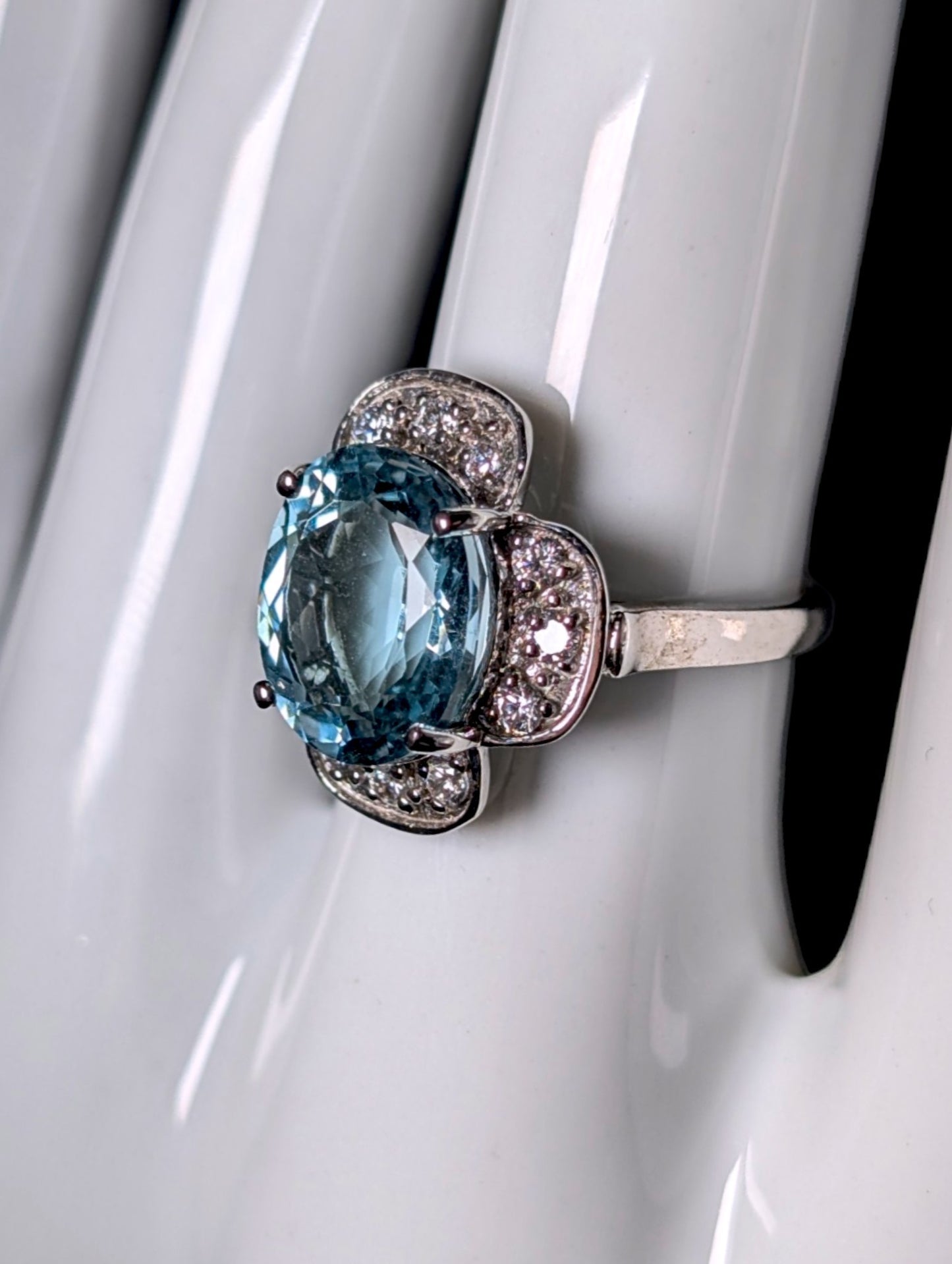Vintage Genuine 4.5ct Aquamarine with Dazzling Halo White Gold over Sterling Ring