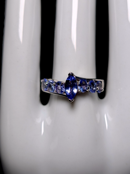 Vintage Floating Marquise Cut Earth Mined Genuine Tanzanite Sterling Silver Crossover Ring