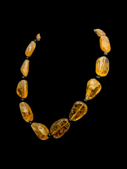 Vintage Polished Earth Mined Genuine Golden Citrine Nugget and Black Onyx Bead Sterling Silver Statement Necklace
