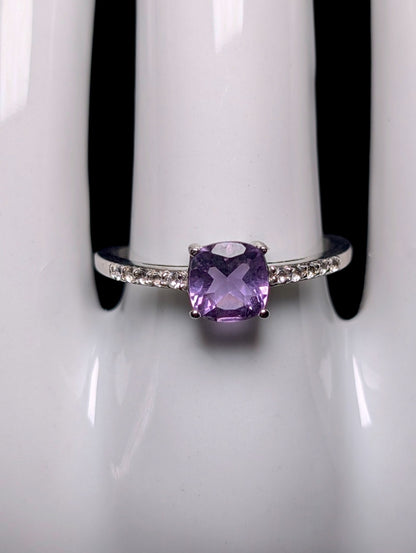 Vintage Cushion Cut Genuine Amethyst Solitaire with White Topaz Sterling Silver Ring