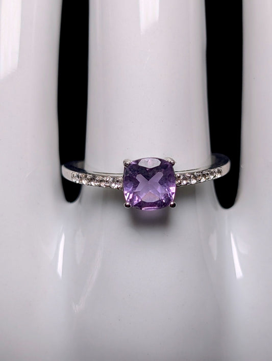 Vintage Cushion Cut Genuine Amethyst Solitaire with White Topaz Sterling Silver Ring