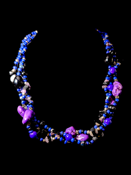 Vintage 3 Strand Genuine Lapis, Purple Turquoise, Onyx, Amethyst and Sterling Silver Bead Necklace