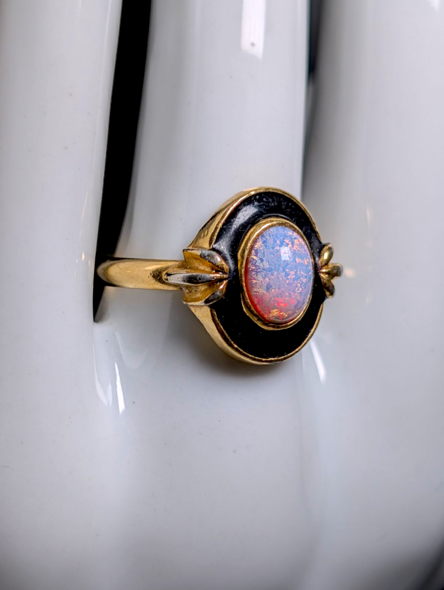 Vintage Art Deco Inspired Black Enamel Cabochon Cut Simulated Fire Opal Gold Toned Ring