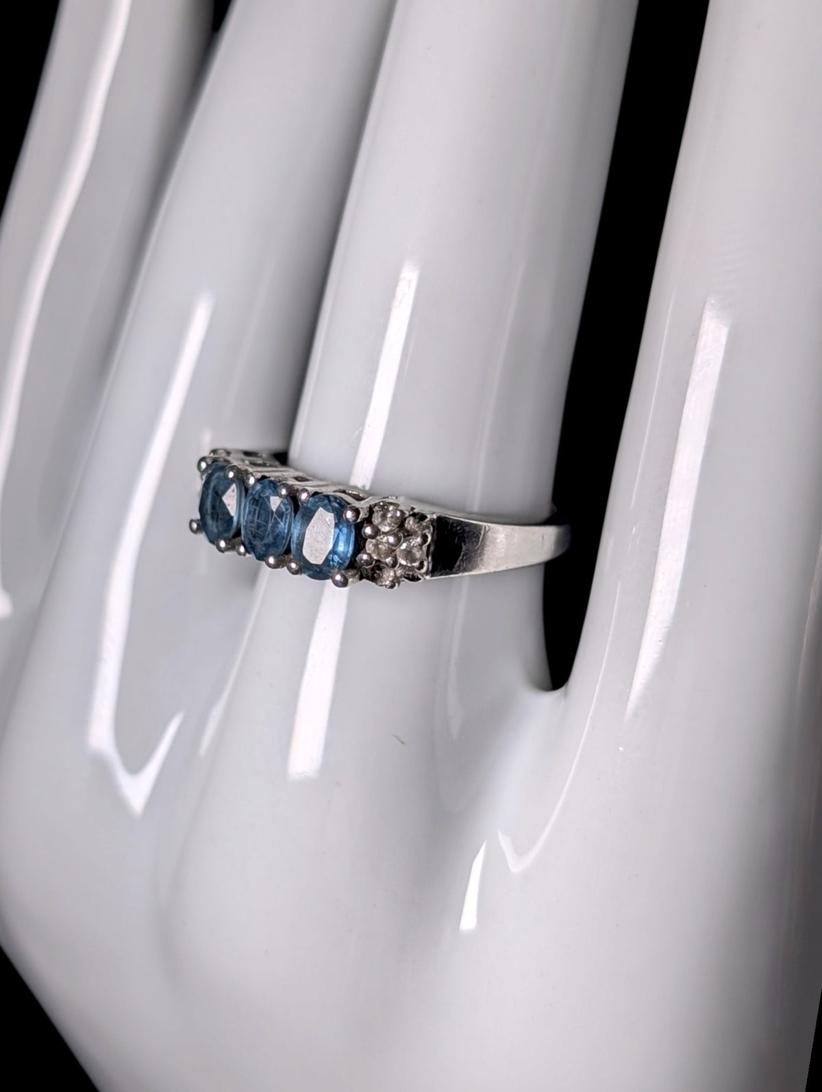 Vintage 3 Stone Genuine Blue Sapphire and White Topaz Band Sterling Silver Ring