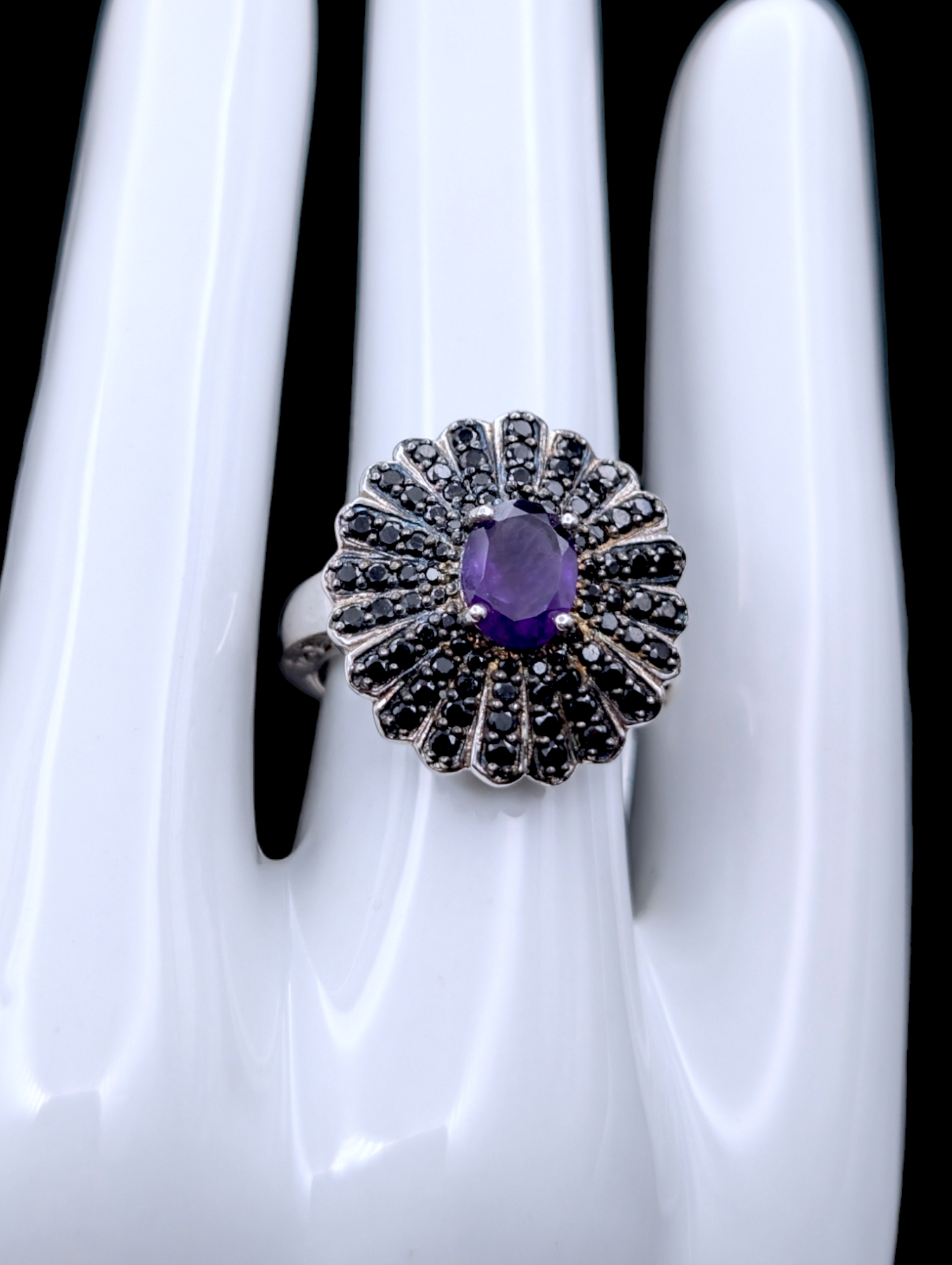 Vintage Genuine Amethyst and Black Spinel Floral Sterling Silver Ring