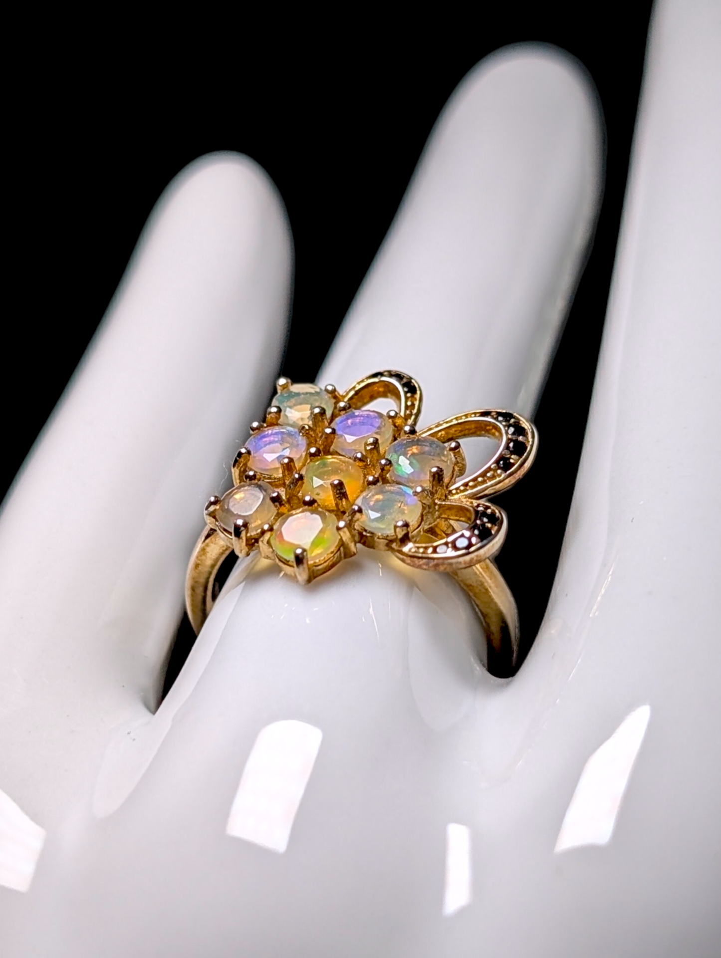 Vintage Round Cut Genuine Fire Opal and Black Onyx Yellow Gold over Sterling Cluster Statement Ring