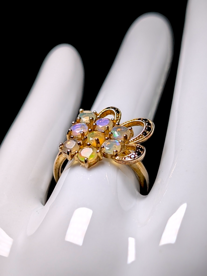 Vintage Round Cut Genuine Fire Opal and Black Onyx Yellow Gold over Sterling Cluster Statement Ring