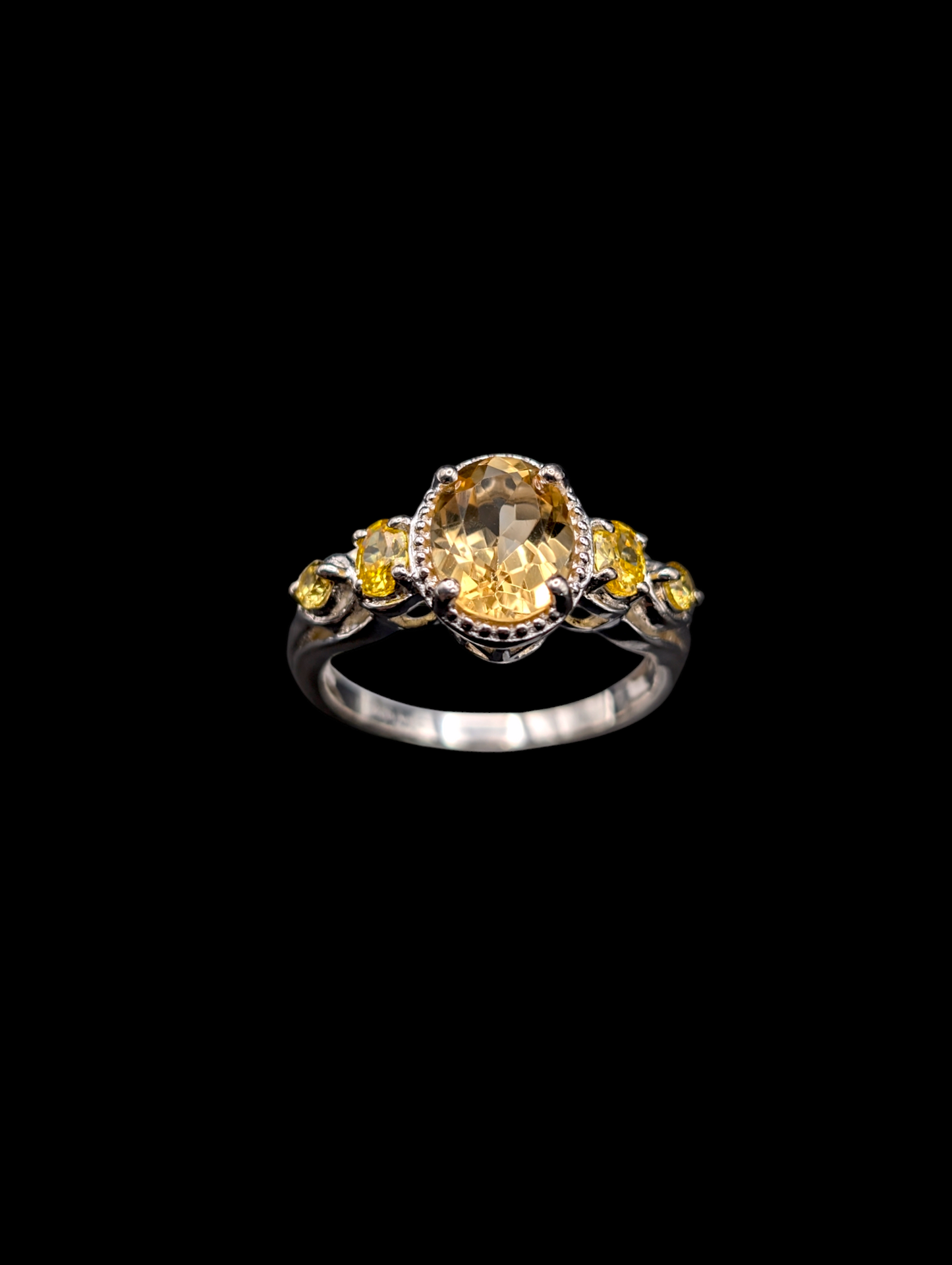 Vintage D'Joy Earth Mined Brazilian Genuine Citrine and Yellow Simulated Diamond Designer Cut Citrine Sterling Silver Ring