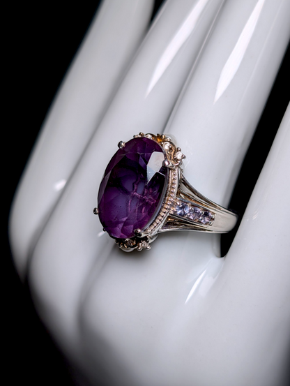 Vintage 12+ Carat Prong Set Oval Genuine Grape Amethyst Solitaire with White Zircon and Cultured Pearl Accent 18k Yellow Gold and Sterling Silver Ring