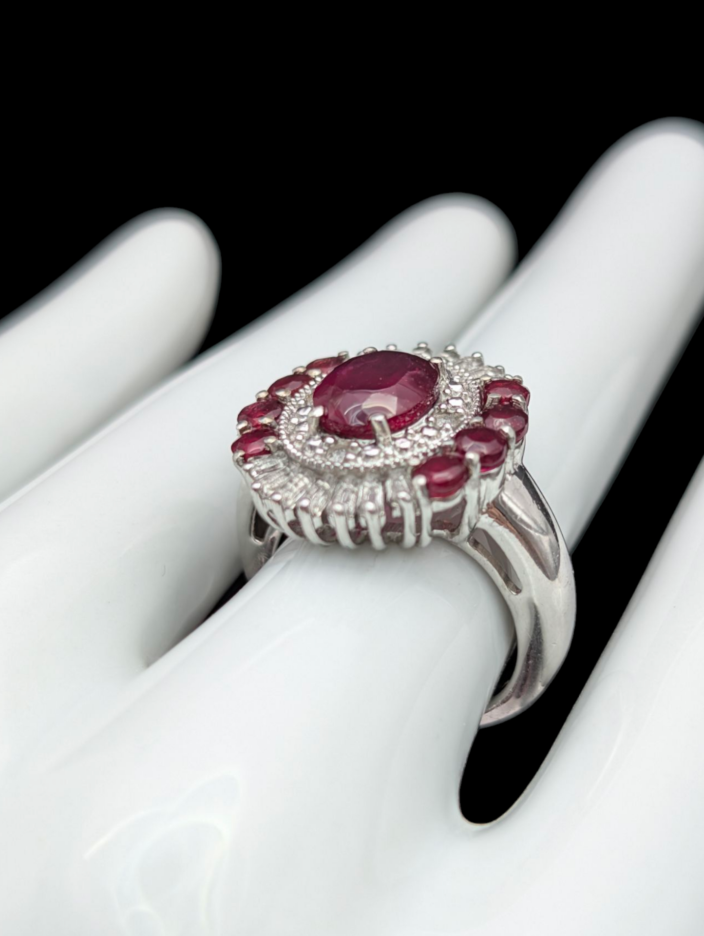 Vintage Art Deco Inspired Earth Mined Genuine Ruby and White Topaz Halo Rhodium over Sterling Silver Ring