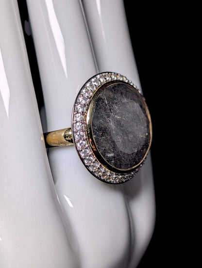 Vintage Genuine Rutilated Quartz and Topaz Halo Gold Toned Cocktail Ring