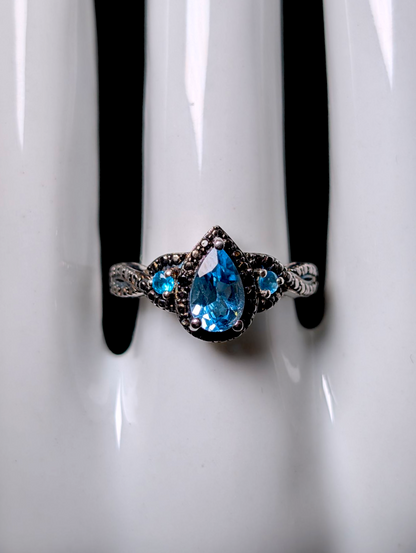 Vintage Pear Cut Solitaire Genuine London Blue Topaz Black Rhodium over Sterling Silver Ring