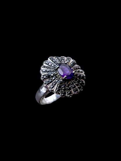 Vintage Genuine Amethyst and Black Spinel Floral Sterling Silver Ring