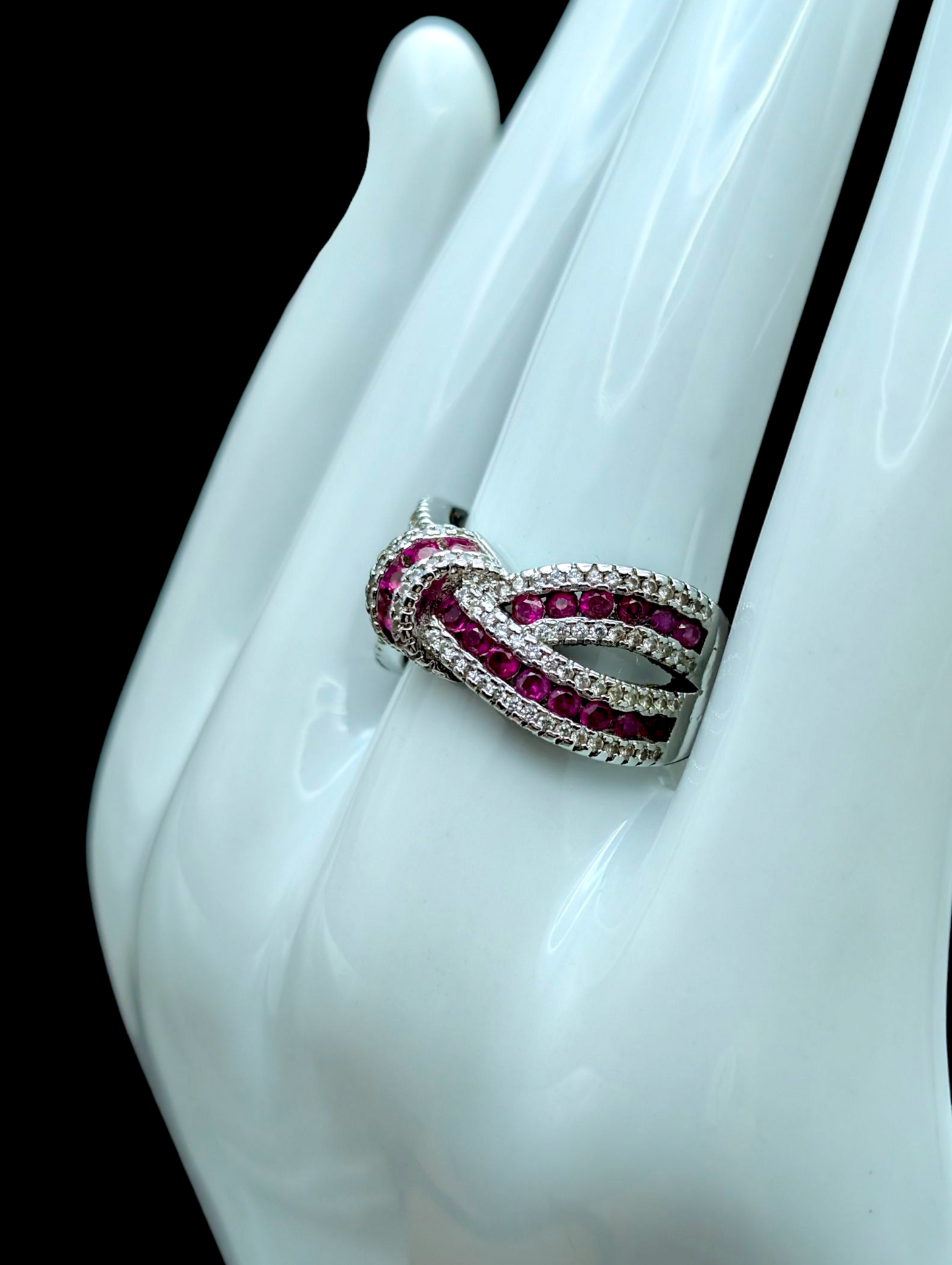 Vintage Cross Over Knot Infinity Genuine Ruby and Simulated Diamond Silver Toned Band Ring