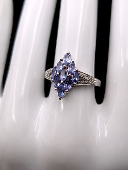 Vintage Cluster Genuine Tanzanite and White Topaz Split Shank Sterling Silver 925 Ring