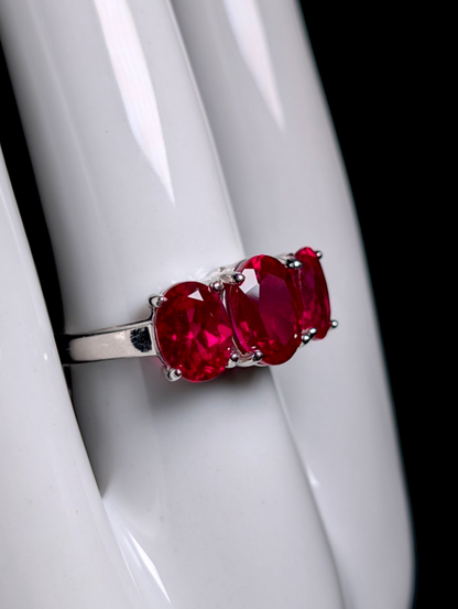 Vintage 3 Carat 3 Stone Genuine Ruby Sterling Silver Statement Ring