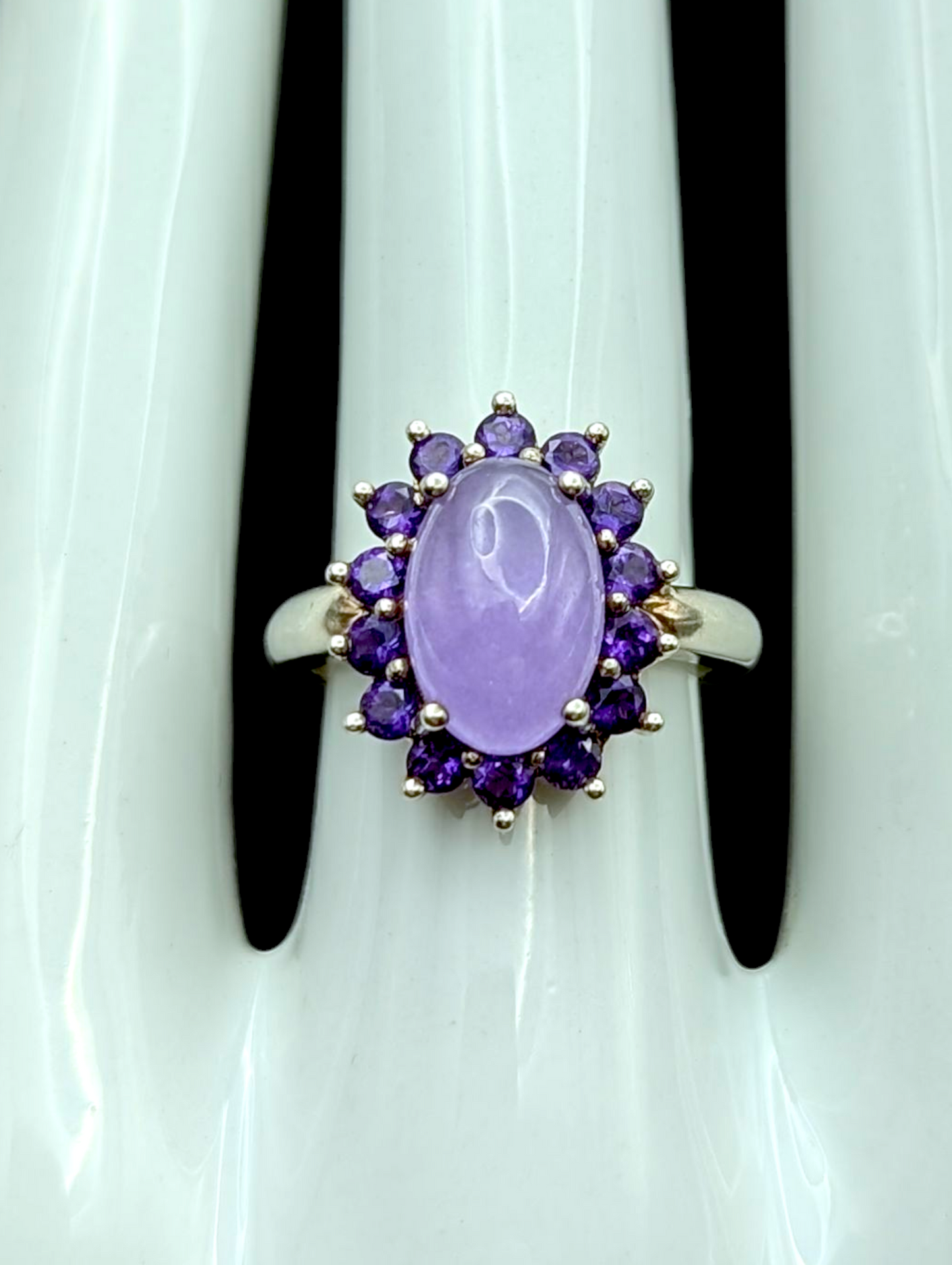 Vintage Cabochon Solitaire Genuine Lavender Jade and Grape Amethyst Halo Sterling Silver Ring