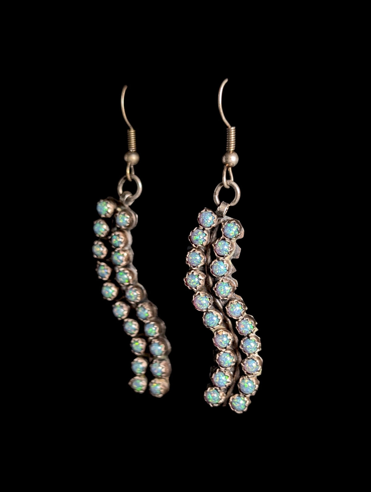 Vintage Southwest Style Wave Genuine Blue Fire Opal Sterling Silver Dangle Earrings