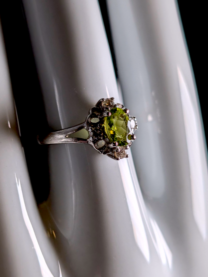 Vintage Dainty Genuine Peridot Solitaire with Simulated Diamond Accents Sterling Silver Ring
