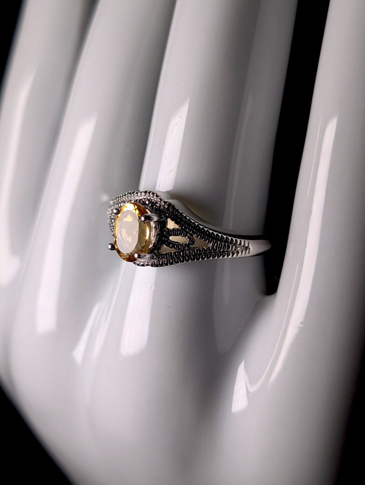 Vintage Art Deco Inspired Genuine Golden Citrine Solitaire with Filigree Sterling Silver Ring
