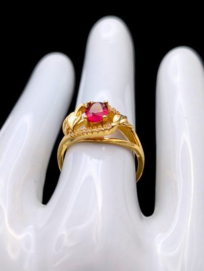Vintage Simulated Pink Sapphire and Simulated Diamond Accented Leaf Gold Tone Statement Ring