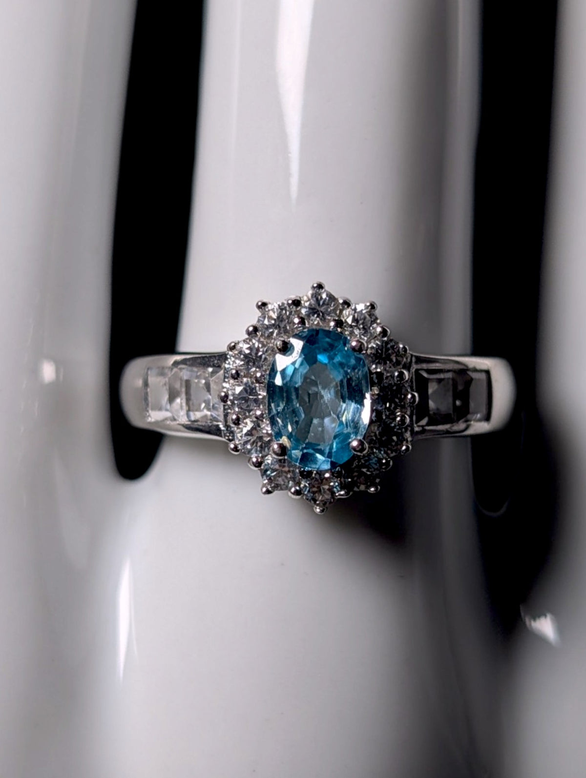 Vintage Genuine Swiss Blue Topaz Solitaire with White Topaz Starburst Halo Sterling Silver Ring