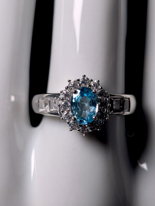Vintage Genuine Swiss Blue Topaz Solitaire with White Topaz Starburst Halo Sterling Silver Ring
