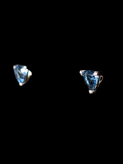 Vintage Trillion Cut Genuine Swiss Blue Topaz Sterling Silver Stud Earrings