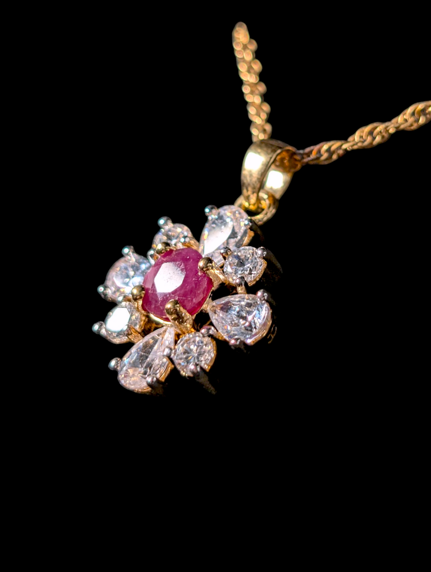 Vintage Earth Mined Genuine Ruby and Simulated Diamond Pendant and Gold Tone Chain Necklace