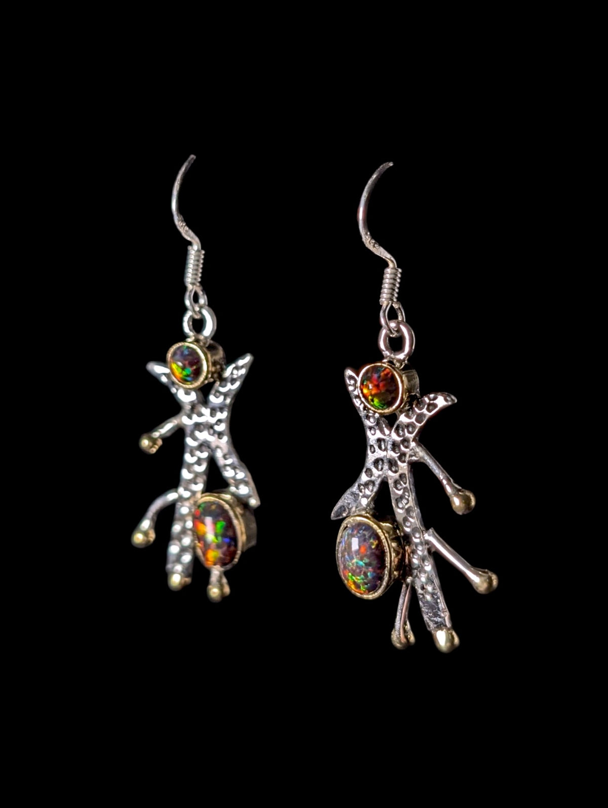 Vintage Genuine Black Opal Sterling and 14k Gold Dangle Earrings