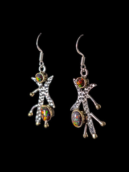 Vintage Genuine Black Opal Sterling and 14k Gold Dangle Earrings