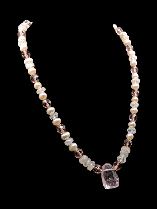 Vintage Genuine Pearl and Rose Quartz Crystal Pendant Necklace