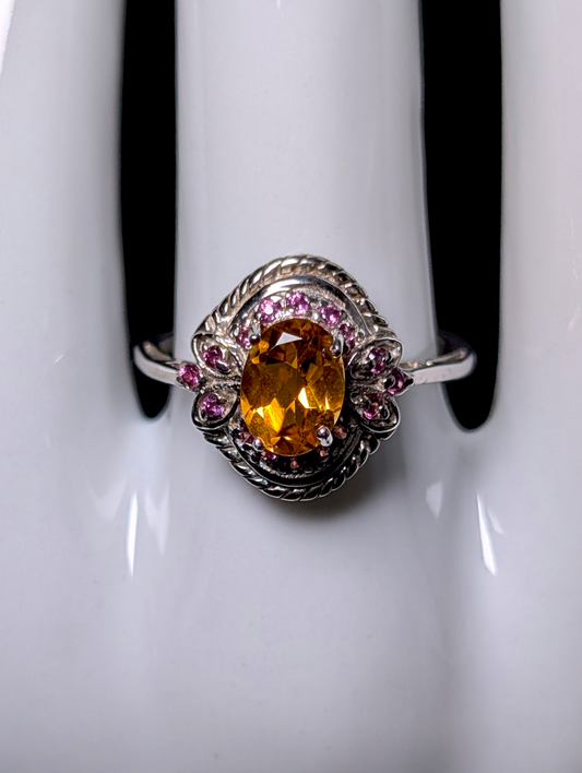 Vintage Oval Cut Genuine Citrine Solitaire and Amethyst Halo Sterling Silver Ring